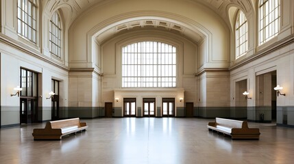 Fototapeta premium Grand empty train station hall with arched ceiling large and wooden benches on polished floor
