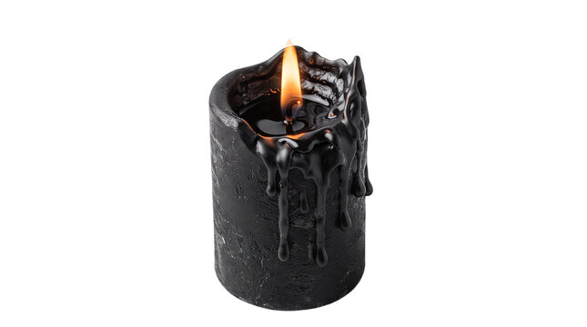 Black candle with melting wax and burning flame isolated on white background