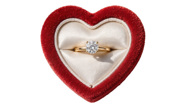 Diamond engagement ring in red velvet heart-shaped box, isolated on transparent background