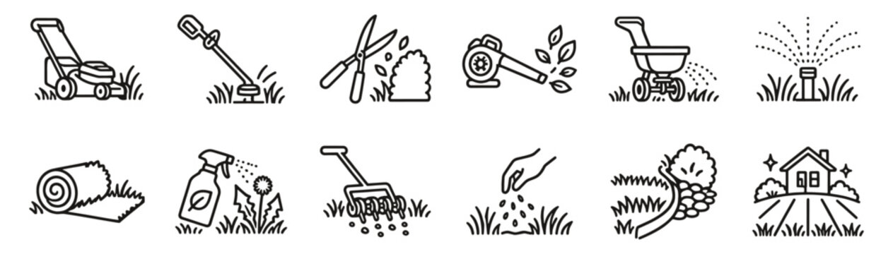 Lawn care and landscaping line icon set. Mower, trimmer, sprinkler and grass maintenance linear vector illustration. Outline signs for gardening, seeding, weed control and turf aeration.