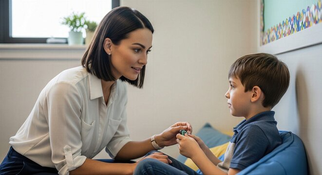 Teacher supporting student during sensory break shows special education care, emotional regulation and calm classroom support in a low-stimulation setting.