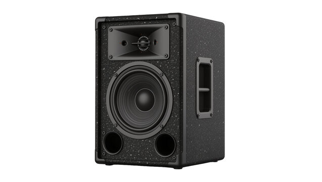 Black speckled professional audio speaker with two ports, isolated on transparent background