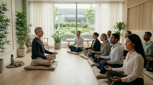 Diverse Group of Professionals Meditating Together in Modern Wellness Studio for Corporate Mindfulness Session
