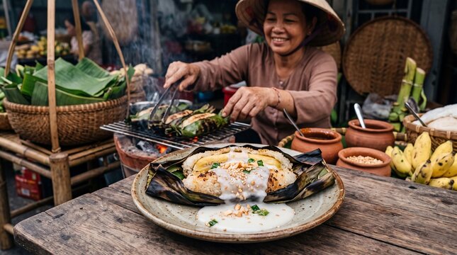 Grilled Chuoi Nep Nuong, Vietnamese Sticky Rice Banana Dessert with Coconut Sauce