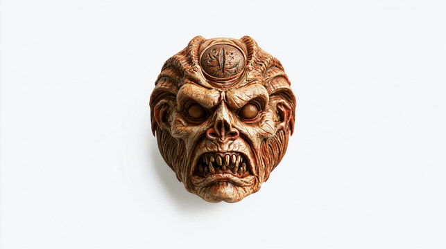 Terrifying fantasy monster face with exaggerated features and sinister expression, isolated on a clean white background for Halloween horror concept