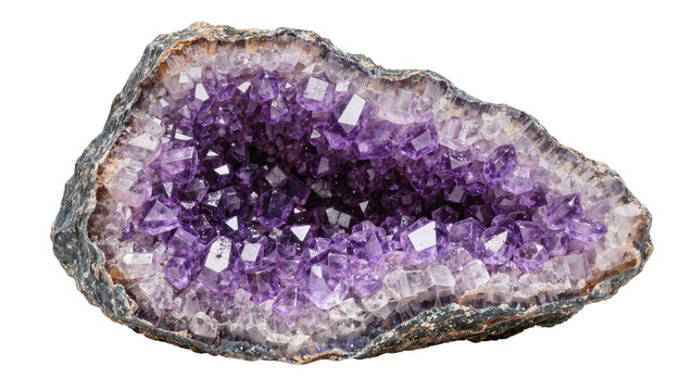 Rough amethyst geode with sparkling purple crystals, isolated on transparent background