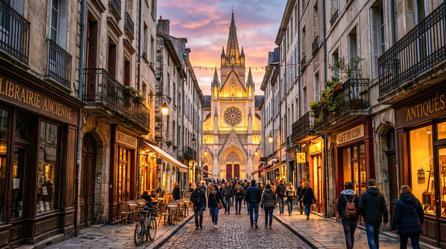 Estrecha calle urbana con edificios tradicionales y comercios, que conduce en perspectiva hacia la fachada iluminada de una iglesia hist&oacute;rica al atardecer.