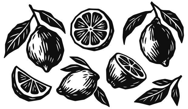 Lemon fruit linocut icon set. Whole citrus with leafy branches, juicy half, round slice and wedge for culinary decoration. Hand drawn black vector illustration in vintage woodcut print style.