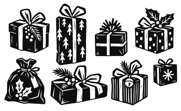 Christmas present linocut icon set. Wrapped boxes, tied gift bag, ribbon bows, holly, fir sprigs and festive patterned packaging. Hand drawn black vector illustration in vintage woodcut print style.