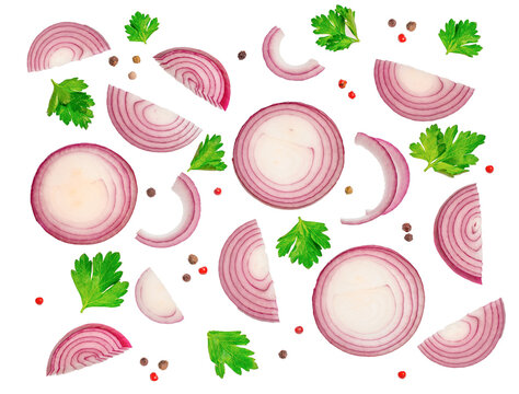 sliced red onions, purple onion rings, fresh parsley leaves, and scattered peppercorns and red seeds on white background pattern