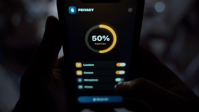 Hand holding smartphone with privacy app showing exposure score and permission toggles in the dark