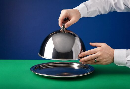A waiter in a white shirt unveiling an empty silver serving platter cloche on a vibrant green table