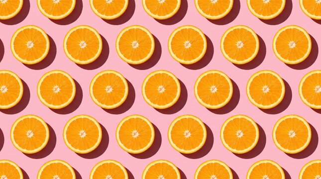 Pattern of Fresh Orange Slices on Pink Background