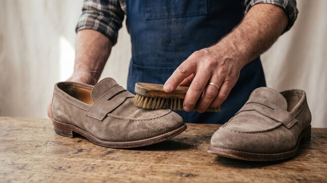Man brushing suede loafer shoes on a wooden table. Showcasing traditional craftsmanship and shoe care for quality footwear maintenance and restoration.