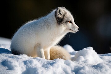 Fototapeta premium Profile of white arctic fox sitting in fresh snowdrift. Wild animal with thick fur looks sideways in cold winter landscape. Endangered species lives in icy tundra habitat. Cute predator rests on