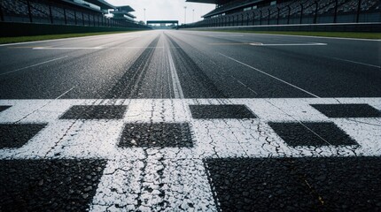 Fototapeta premium Close up view of checkered finish line on empty race track. Asphalt surface shows tire marks, grid lines. Grandstands line sides of pro motorsport circuit under bright sky. Motorsport venue ready for