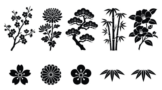 Traditional Japanese floral and plant icons vector set featuring black silhouettes of cherry blossoms, chrysanthemum, pine, bamboo, and camellia on white   