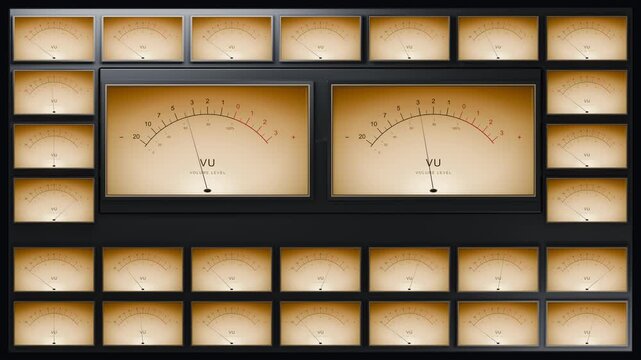 Wall of glowing VU meters flickering with audio levels in a grid array. Amber dials on dark panel evoke retro recording studio atmosphere for music production and broadcast themes.