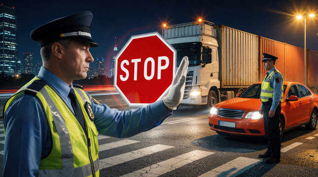 Customs officer stops traffic at night checkpoint. Police man holds red stop sign to halt orange car, large cargo truck. Border security guard controls logistics supply chain, inspects freight