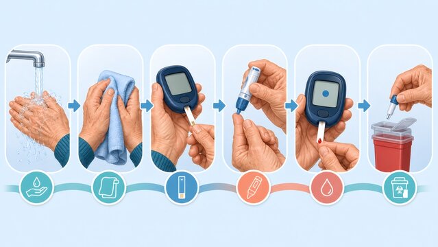 Glucose test workflow in six steps with older hands washing, drying, inserting test strip into glucometer, lancing finger, applying blood drop and discarding lancet into sharps