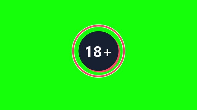 Animated age restricted 18+ badge with dark circle and pink ring over green screen plus black and white versions. Pulsing warning symbol for adult content. UI element for age verification themes.