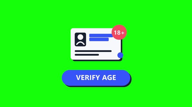 Age verification button animation with ID card icon and 18+ badge showing verify, loading, and verified states. Green screen, black, and white versions for adult content gating and web design.