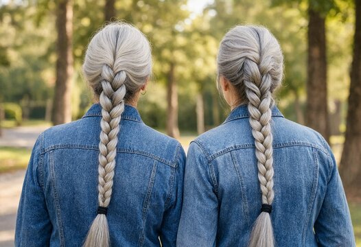 Rear view of two middle-aged women with silver hair and identical braids wearing denim jackets in a park