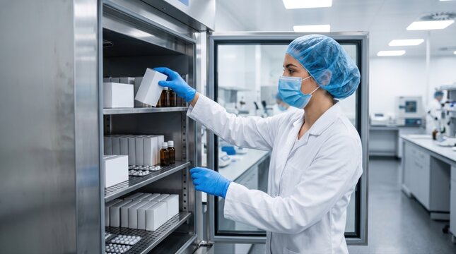 Pharmaceutical laboratory worker checks stored medicine sample, creating clear concept for stability studies and long term product quality monitoring.