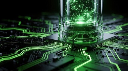 Obraz premium 3D rendering of futuristic solid state battery on electronic circuit board. Green glowing energy cells inside glass tube provide high tech power source. Next gen electric storage concept for mobile