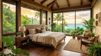 Obraz premium Tropical Paradise Bedroom: A luxurious bedroom with a breathtaking view of the ocean and lush tropical greenery, featuring a comfortable bed, potted plants, and natural wood accents.
