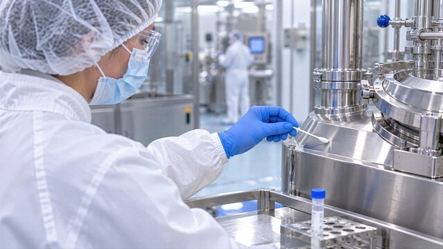 Microbiology analyst collects sterile surface swab from pharmaceutical equipment, showing environmental monitoring, sanitation verification and contamination control.