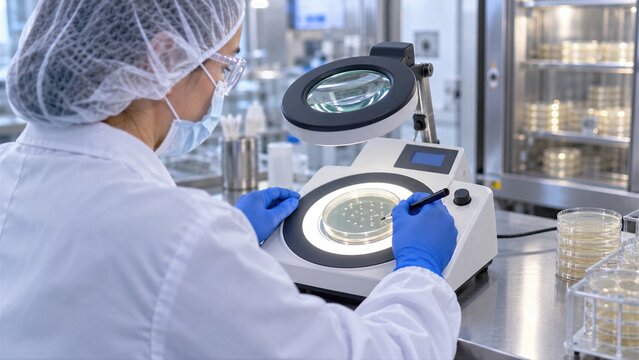 Microbiology analyst counts colonies on agar plate after incubation, showing pharmaceutical microbial analysis, quality control and laboratory testing workflow.