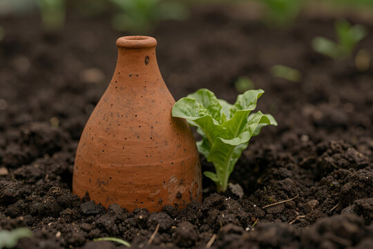 Terracotta olla irrigation pot buried beside a young lettuce plant in a garden