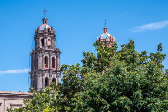 San luis potosi historic colonial church towers with green trees
