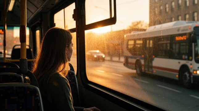 Young woman sits inside public bus looking out window at city street. Golden sunset light fills urban vehicle interior. Passenger travels by coach during evening commute. View of traffic, bus on road