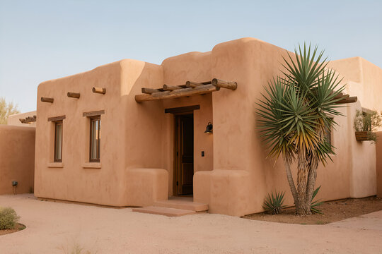 Pueblo revival adobe house in a desert courtyard with yucca beside entrance