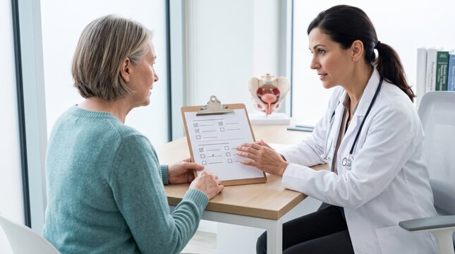 Doctor and patient study simple urinary symptom chart together, creating clear concept for bladder health and genitourinary menopause management.