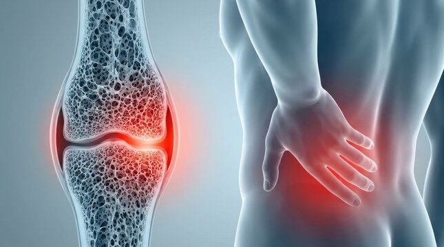 Body structural weakening: osteoporosis problem, bone fragility, joint inflammation, back ache, human pain, health issue, medical condition.