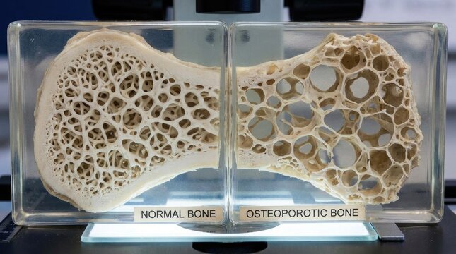 Bone structure alteration: osteoporosis progression, healthy matrix, weak specimen, medical insight, skeletal wellness, density decline, fragility disease.