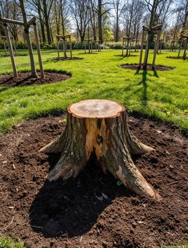 Large wooden tree stump sits in garden park on dark soil. Young trees with supports grow in background on green grass lawn. Sunny day in nature park shows cut trunk after tree removal deforestation