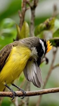 Yellow Crested Bird Perched on a Branch and Calling