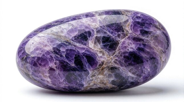 Polished lepidolite stone with vibrant purple hues on white background. Smooth mineral crystal shows natural texture, shiny surface. Natural purple gemstone for healing, meditation, wellness