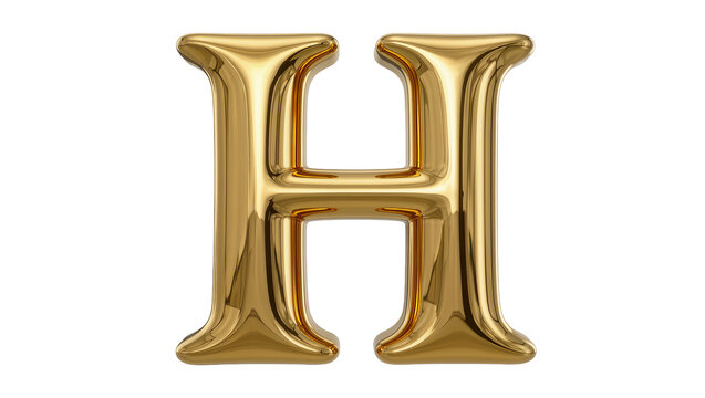 Shiny golden letter H with reflective surface, isolated on transparent background