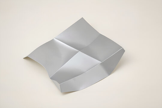 Sculptural sheet of metallic silver paper with three folds on a neutral matte surface