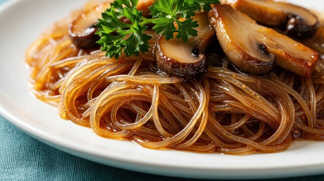 Pan fried lion mane mushrooms served with glass noodles in savory sauce. Tasty vegan entree with sliced fungi, fresh parsley garnish on white plate. Healthy vegetarian meal for lunch dinner in
