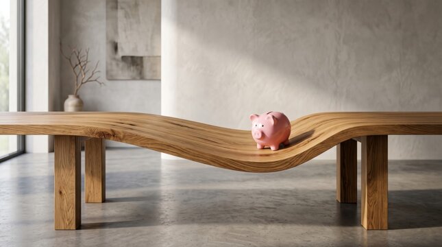 Tiny savings bank causes solid oak tabletop to sag deeply, illustrating financial stress, heavy costs and pressure through controlled realistic surrealism.