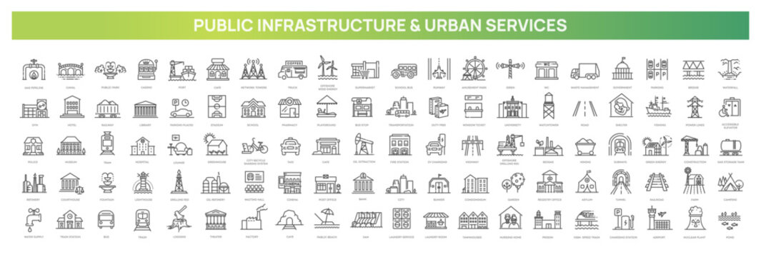 Public Infrastructure and Urban Services Line Icons Set