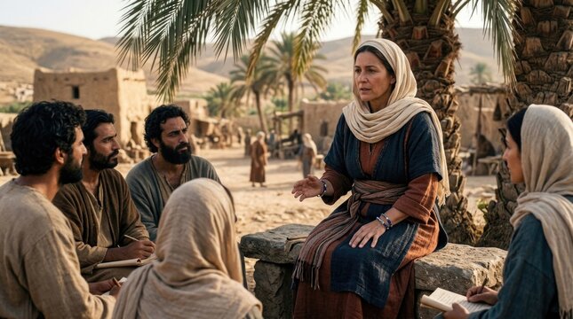 Ancient Israelite leader: Deborah speak, judge wisdom, prophetess teach, Israel guide, people listen, heroine inspire, era counsel, Lapidoph wife, desert community.