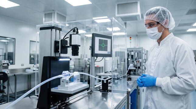 Human-supervised inspection verifies catheter assembly quality, creating clear concept for cleanroom automation and precision healthcare production.