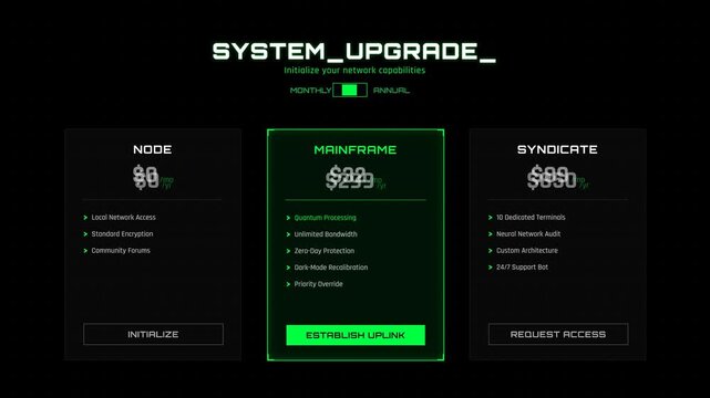 Futuristic cyberpunk style pricing table with deep black background, neon green accents, sliding card reveals, and scanning laser effects.